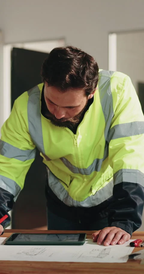 Blueprint, man and construction worker with tablet on site for planning Stock Footage 342217922