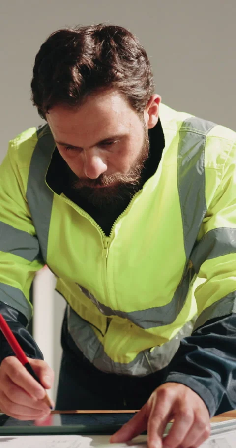 Blueprint, man and construction worker with tablet in office for planning Stock Footage 342260761