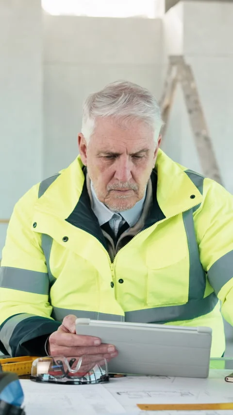 Blueprint, man and construction worker with tablet on site for email update on Stock Footage 343603702