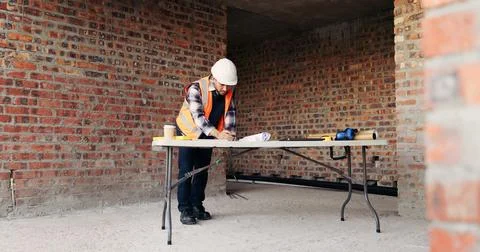 Blueprint, man and construction worker on site with planning for home renovation Stock Photos