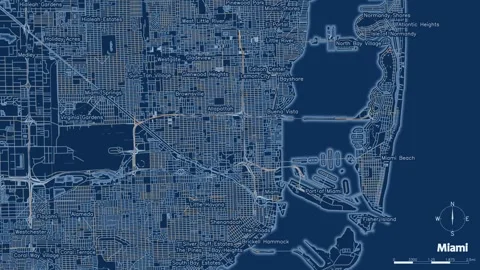 Blueprint map of Miami dynamically illustrates data and traffic flowing across Stock Footage 347884470
