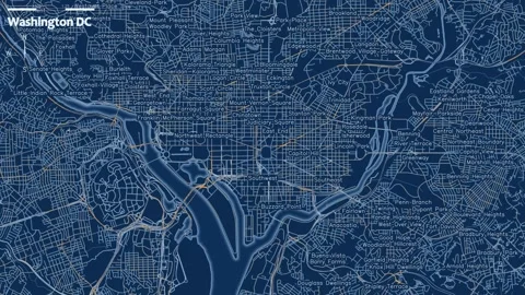 Blueprint map of Washington D.C. illustrates traffic and data flowing through Stock Footage 347884447