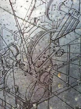 Blueprint mechanical drawing machine schematic outlines background chaos concept Foto stock