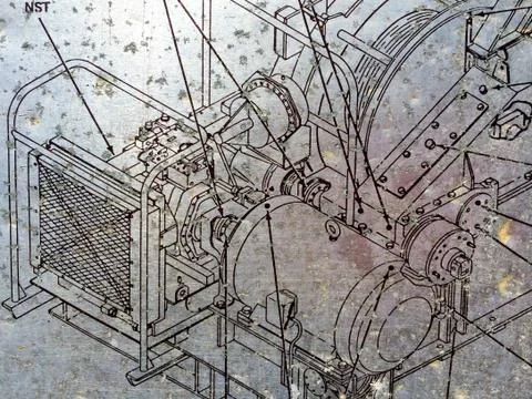 Blueprint mechanical drawing machine schematic outlines background chaos concept Foto stock