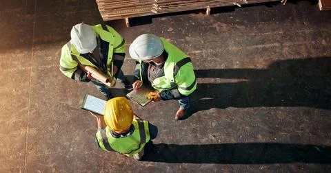 Blueprint, men and carpenter in workshop with tablet on furniture manufacturing Stock Photos