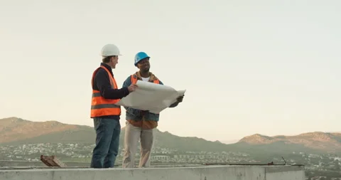 Blueprint, men and construction workers in city for discussion on building Stock Footage 342744986