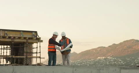 Blueprint, men and construction workers in city for architecture on building Stock Footage 342746887