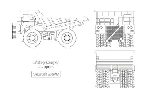 Blueprint of mining dumper. Side, back and front view. Outline heavy truck Stock Illustration