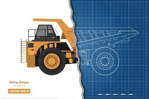 Blueprint of mining dumper. Side, back and front view. Outline heavy truck Stock Illustration