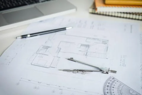 Blueprint paper drafting project sketch architectural, dividers, ruler, engin Stock Photos