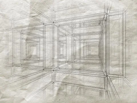 Blueprint with perspective view of an abstract 3d braced construction on old  스톡 일러스트