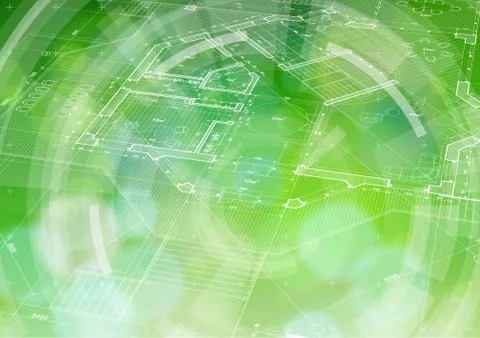 Blueprint plan, radial HUD elements &amp; green bokeh Stock Illustration
