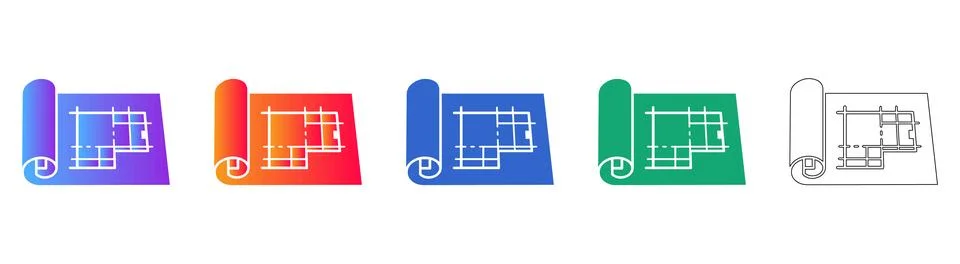 Blueprint Plan Scroll Icons Set イラスト素材