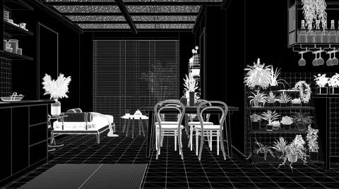 Blueprint project CAD draft, black background, white ink interior design, cos Stock Illustration