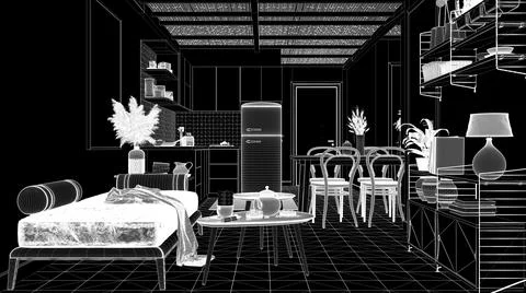 Blueprint project CAD draft, black background, white ink interior design, cos Stock Illustration