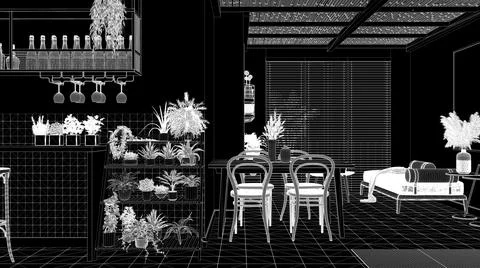 Blueprint project CAD draft, black background, white ink interior design, cos Stock Illustration