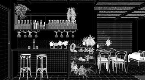 Blueprint project CAD draft, black background, white ink interior design, cos Stock Illustration