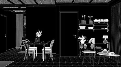 Blueprint project CAD draft, black background, white ink interior design, cos Stock Illustration