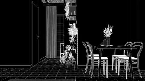 Blueprint project CAD draft, black background, white ink interior design, cos Stock Illustration