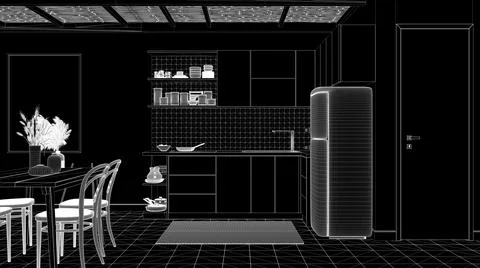Blueprint project CAD draft, black background, white ink interior design, cos Stock Illustration