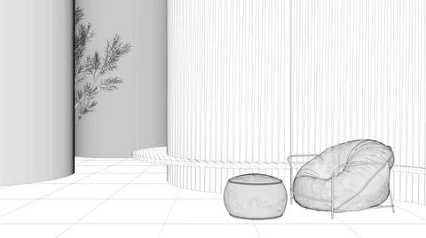 Blueprint project draft, abstract empty interior, background with round and c Stock Illustration