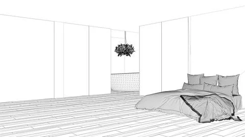 Blueprint project draft, bedroom with bathroom, parquet, big panoramic window 스톡 일러스트