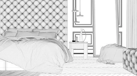 Blueprint project draft, classic bedroom with modern furniture, close up, par Stock Illustration