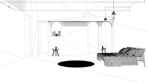 Blueprint project draft, classic concrete interior space, bedroom with bed an Ilustración de archivo