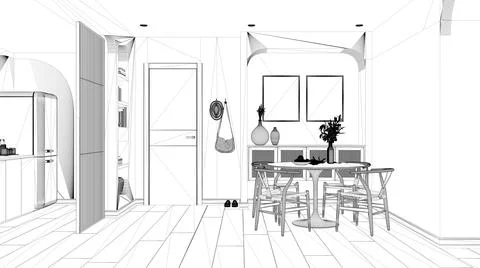 Blueprint project draft, contemporary dining room and kitchen, round table wi Illustrazione stock