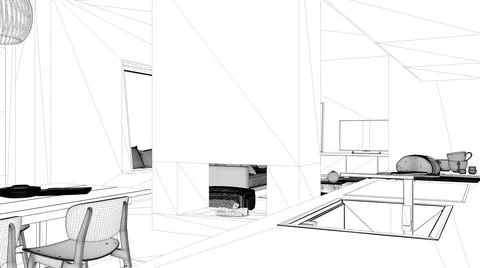 Blueprint project draft, cosy kitchen close up with sink and faucet, dining t Stock Illustration
