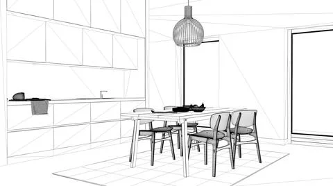 Blueprint project draft, cosy kitchen with dining table and chairs, sink and  Stock Illustration