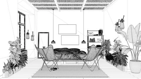 Blueprint project draft of country rustic bedroom, eco interior design, susta Stock Illustration
