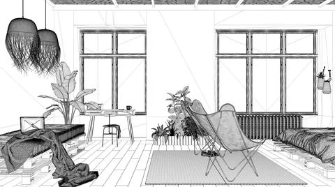 Blueprint project draft of country rustic bedroom with sofa, eco interior des Stock Illustration