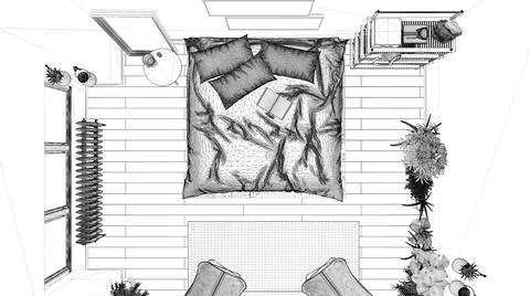 Blueprint project draft, country rustic bedroom, eco interior design, sustain Stock Illustration