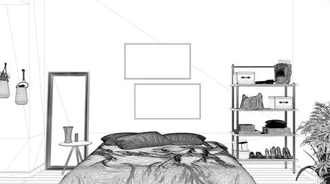 Blueprint project draft, country rustic bedroom, eco interior design, sustain Stock Illustration