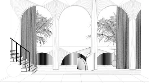 Blueprint project draft, dreamy terrace, over panorama, tropical palm trees,  Ilustração Stock