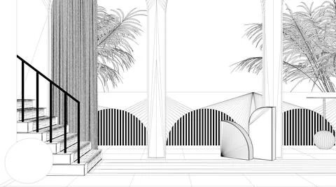 Blueprint project draft, dreamy terrace, over panorama, tropical palm trees,  Ilustração Stock