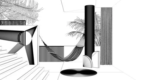 Blueprint project draft, dreamy terrace, over panorama, tropical palm trees,  Ilustração Stock