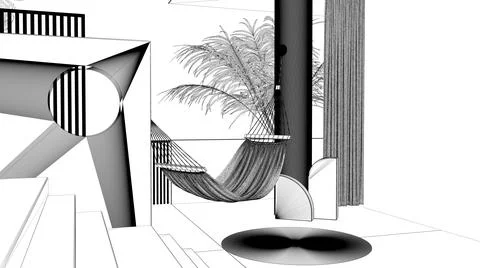 Blueprint project draft, dreamy terrace, over panorama, tropical palm trees,  Ilustração Stock
