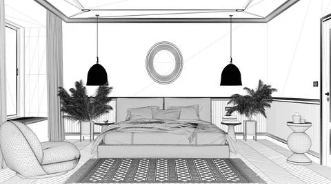 Blueprint project draft, elegant bedroom with modern minimalist furniture. Pa Stock Illustration