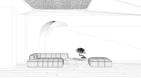 Blueprint project draft, elegant living room, modern sofa and pouf, table wit Stock Illustration
