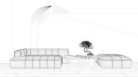 Blueprint project draft, elegant living room close up, modern sofa and pouf,  Stock Illustration