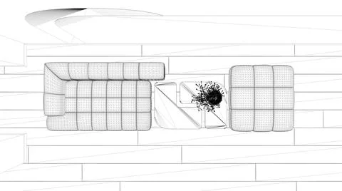 Blueprint project draft, elegant living room, sofa and pouf, wooden table wit Stock Illustration