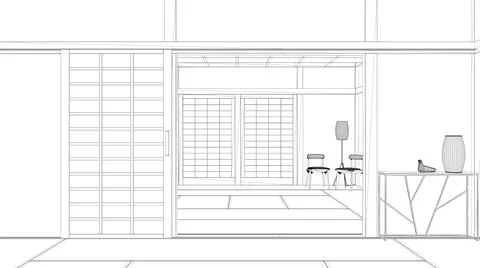 Blueprint project draft, empty open space with mats tatami and futon floor, w Stock Illustration