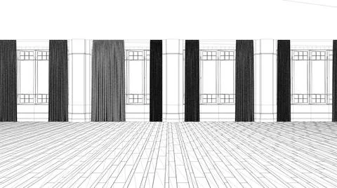 Blueprint project draft, empty room interior design, open space with big pano Stock Illustration