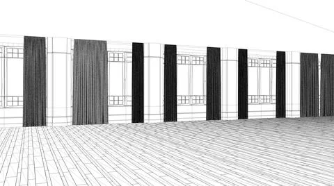 Blueprint project draft, empty room interior design, open space with big pano Stock Illustration