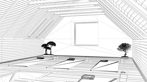 Blueprint project draft, empty yoga studio interior design, minimal open spac Stock Illustration