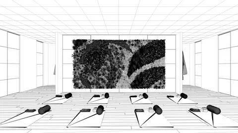 Blueprint project draft, empty yoga studio interior design, space with mats,  Stock Illustration