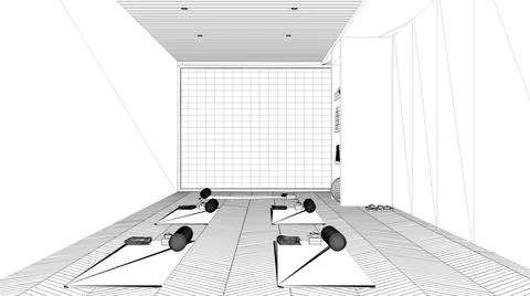 Blueprint project draft, empty yoga studio interior design, space with mats,  Stock Illustration
