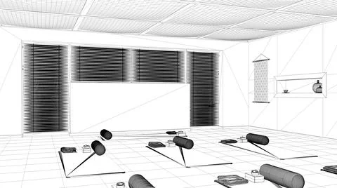 Blueprint project draft, empty yoga studio interior design, open space with m Stock Illustration